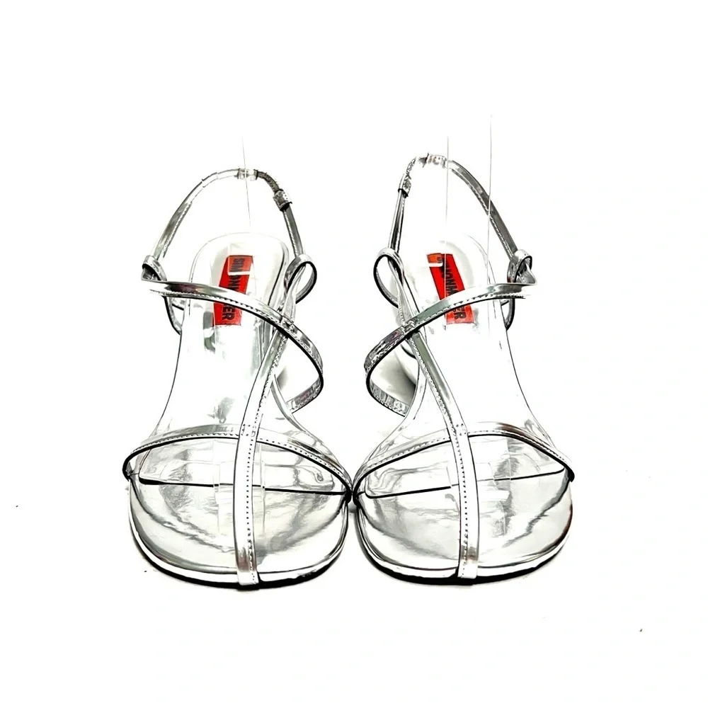 SIMON MILLER | Silver leather strappy chrome heel Moderno Sandal Pumps NWOT - Picture 2 of 8